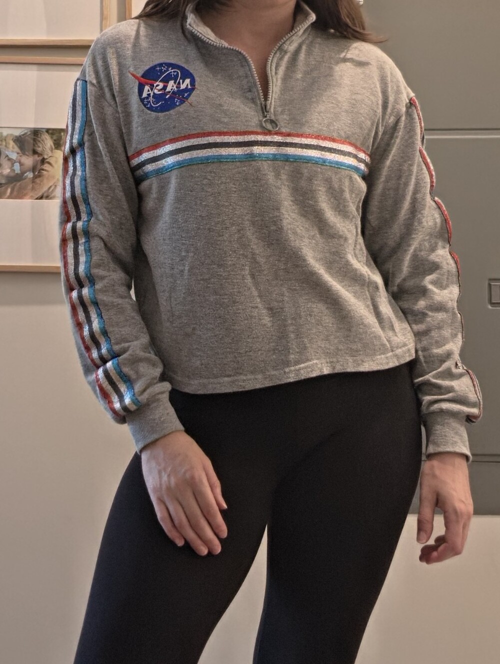 NASA Logo Gray Cropped Quarter Zip Sweatshirt Glitter Stripe Space Pullover